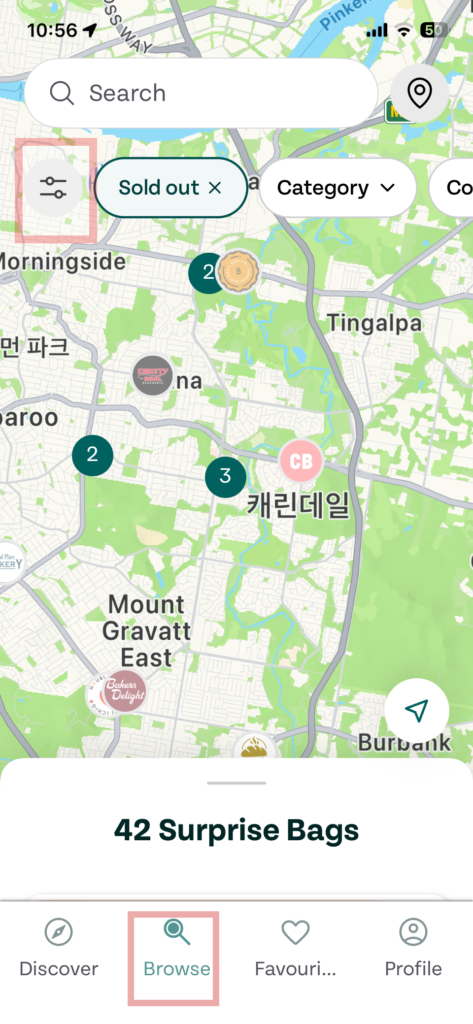 Too Good To Go 앱 Browse 화면, 지도 왼쪽 위의 필터 아이콘과 하단 Browse 탭 위치 표시