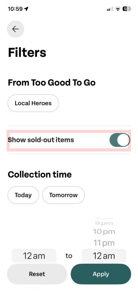 Too Good To Go 앱 필터 화면에서 Show sold-out items 스위치를 켠 모습