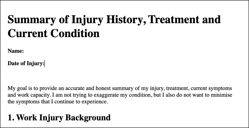 부상 이력과 치료 과정, 현재 상태를 한눈에 볼 수 있도록 영어로 정리한 자료 샘플, Summary of Injury History, Treatment and Current Condition