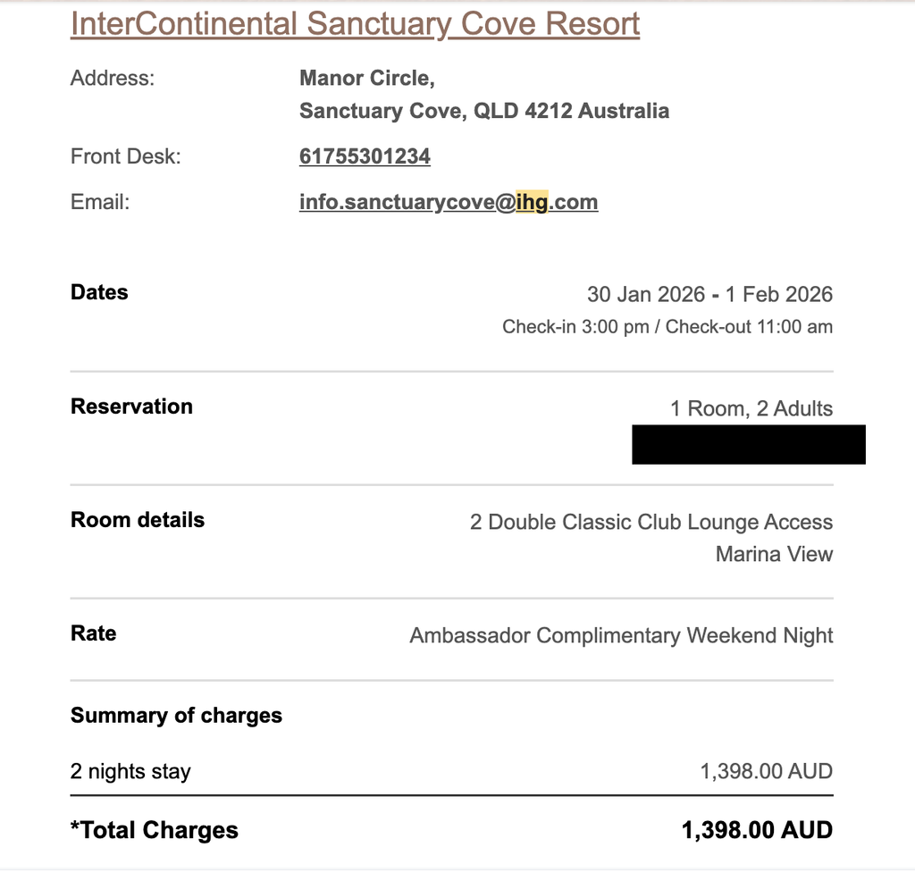 IHG 앰버서더 주말 무료 숙박권 예약 확인서 - 인터컨티넨탈 생추어리 코브 2박 A$1,398