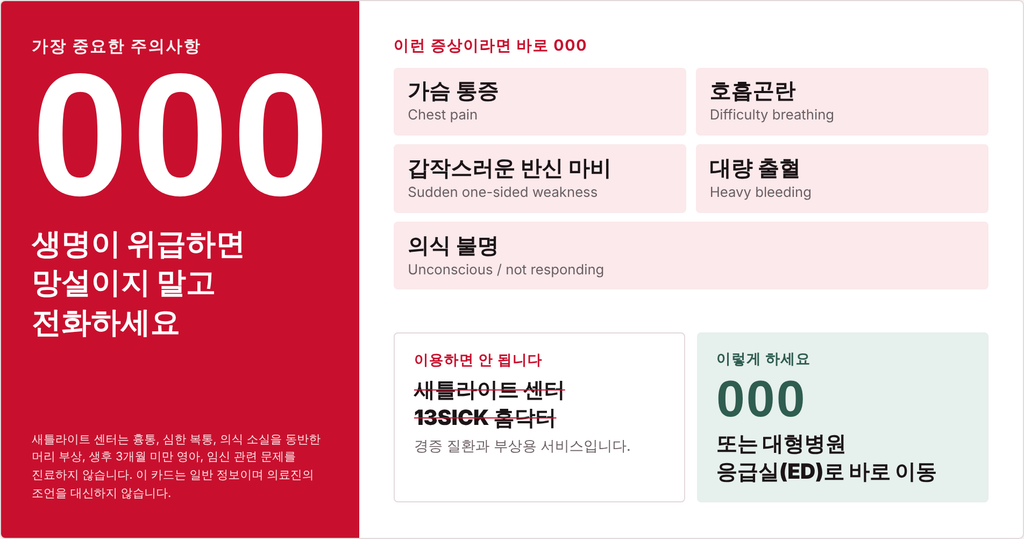 가슴 통증, 호흡곤란, 갑작스러운 반신 마비, 대량 출혈, 의식 불명 등 생명이 위급한 응급 상황일 때는 000(호주 응급 전화)
